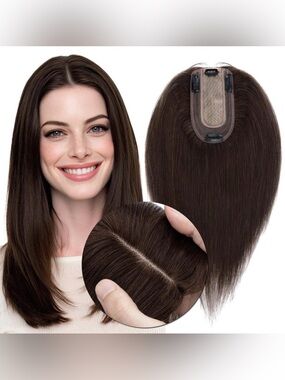 Women’s Human Hair Topper 16” Medium Brown Silk Base Remy Hair Piece Clip-In Wig